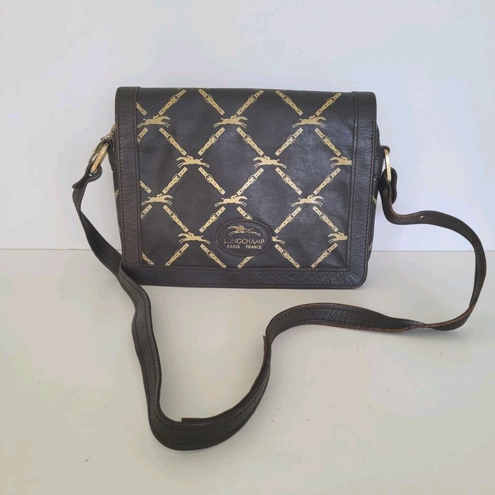 Longchamp‎ Paris Signature Geniue Leather Brown Flap Shoulder Bag Purse Medium